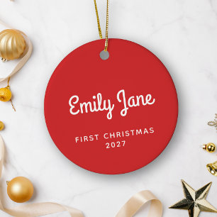 First Christmas Simple Cute Red Personalised Name Ceramic Ornament