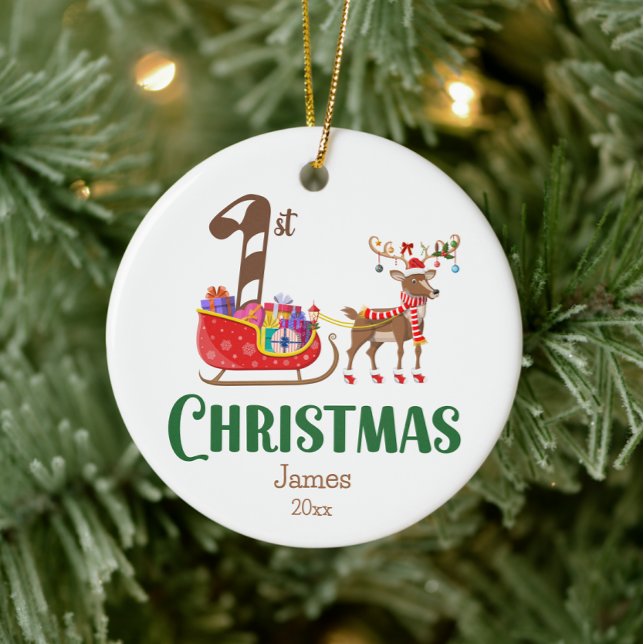 First Christmas Sleigh Reindeer Name Colourful   Ceramic Ornament (Creator Uploaded)