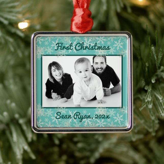 First Christmas Snowflakes Baby Boy Photo Ornament (Tree)
