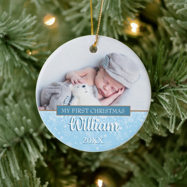  First Christmas Snowflakes Baby Photos boy Ceramic Ornament (Tree)