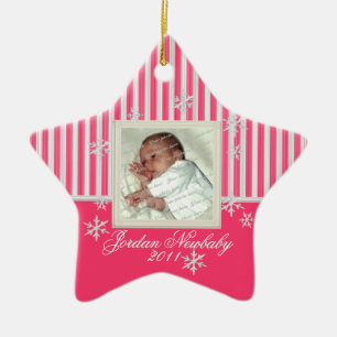 First Christmas Star and Snowflakes Pink Ceramic Ornament