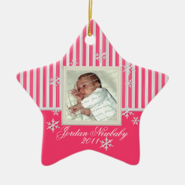 First Christmas Star and Snowflakes Pink Ceramic Ornament (Front)