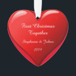 First Christmas Together 2019 Romantic Cute Heart Ornament<br><div class="desc">Designed for Christmas 2019,  this is designed with cute romantic red heart design in solid red background and personalized text templates for entering your names. Perfect romantic gift for couple celebrating their first Christmas.</div>