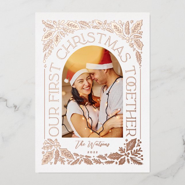 First Christmas Together Arch 3 Photo Collage Foil Holiday Card (Front)