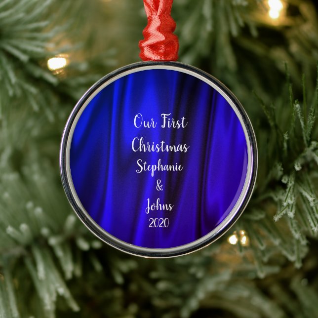 First Christmas Together Bright Blue Satin Royal Metal Ornament (Tree)