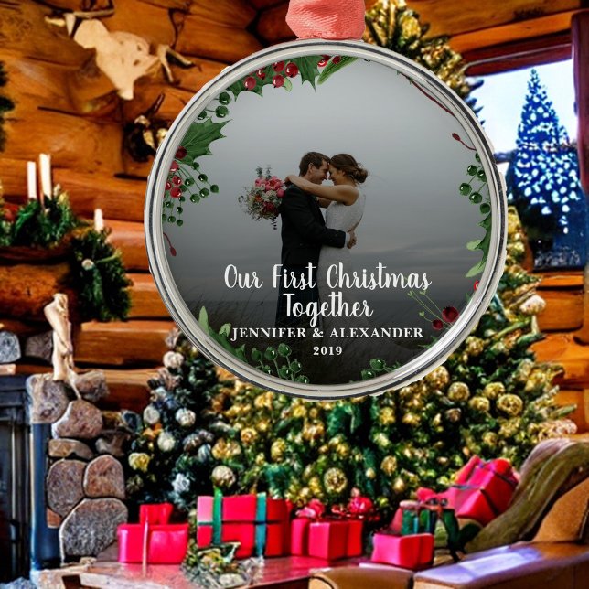 First Christmas Together couple newlyweds photo Metal Ornament (Unique Our first Christmas together photo ornament. You can add your own photo, names and text.)