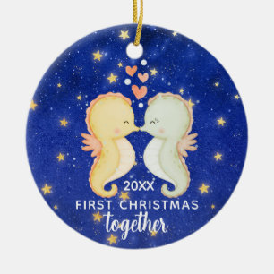 First Christmas Together Custom Seahorse Couple Ceramic Ornament