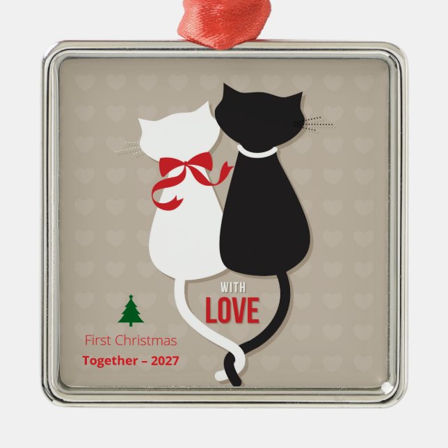 First Christmas Together – Cute Cat Couple Holiday Metal Ornament (Front)