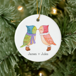 First Christmas Together Cute Lovebirds Custom  Ceramic Ornament
