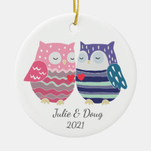 First Christmas Together Cute Owl Couple Custom Ceramic Ornament
