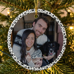 First Christmas Together Family Pet Pawprint Photo Ceramic Ornament