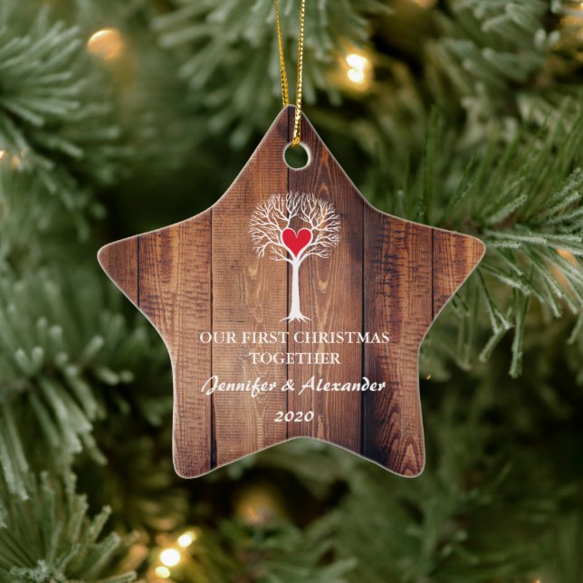 First Christmas together love tree rustic wood Ceramic Ornament (Tree)