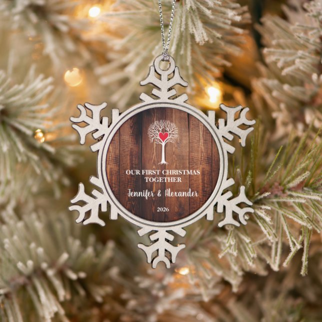 First Christmas together love tree rustic wood Snowflake Pewter Christmas Ornament (Tree)