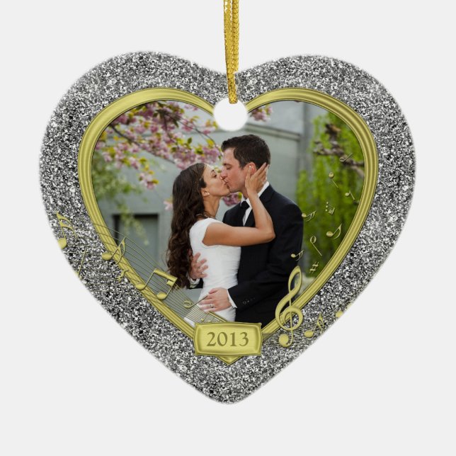 First Christmas Together Photo Heart Xmas Ceramic Ornament (Front)