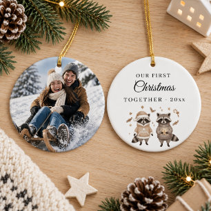 First Christmas Together Photo Racoon Couple Ceramic Ornament