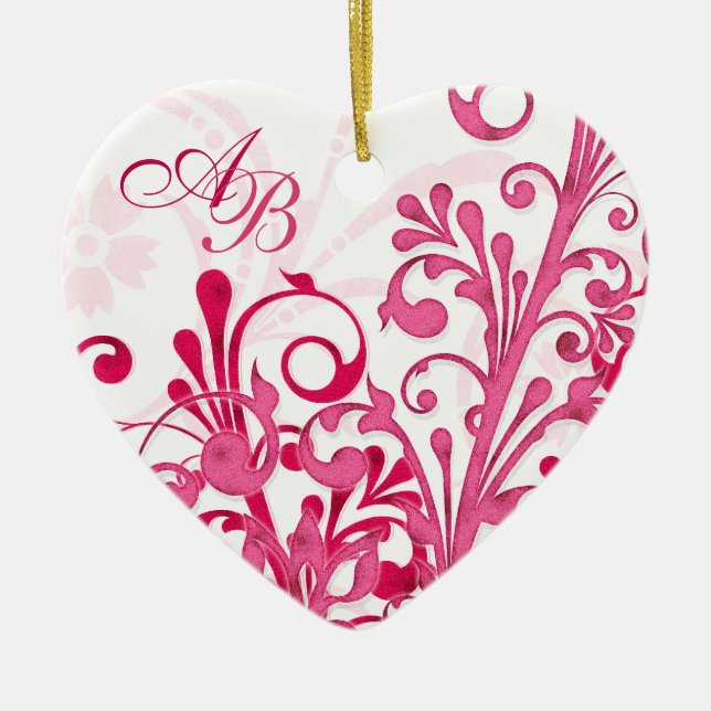 First Christmas Together Pink Floral Wedding Heart Ceramic Ornament (Front)