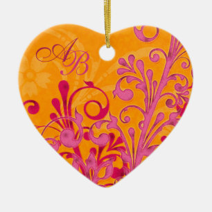 First Christmas Together Pink Orange Wedding Heart Ceramic Tree Decoration
