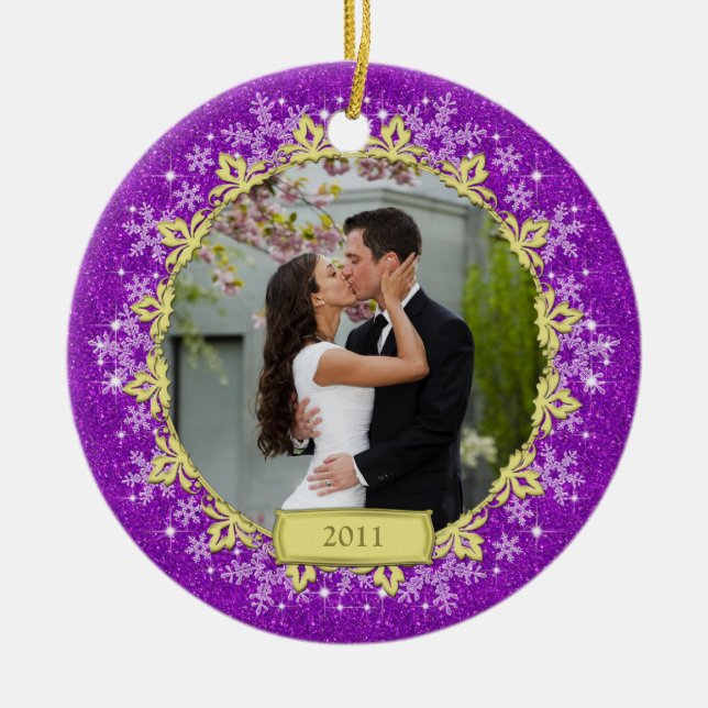 First Christmas Together Purple Snowflake Photo Ceramic Ornament (Front)