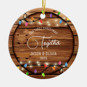 First Christmas Together Rustic String Light Photo Ceramic Ornament