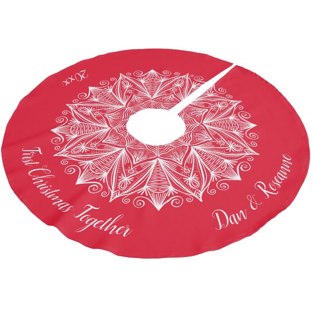 First Christmas Together Snowflake Mandala Red Brushed Polyester Tree Skirt (Angled)