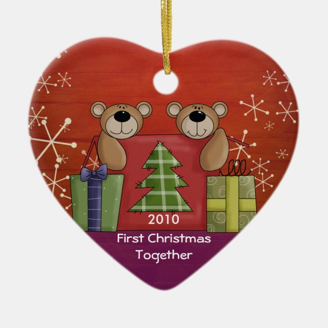 First Christmas Together Teddy Bear Custom Photo Ceramic Ornament (Front)
