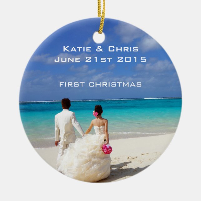 First Christmas Tropical beach Wedding Ceramic Ornament (Front)