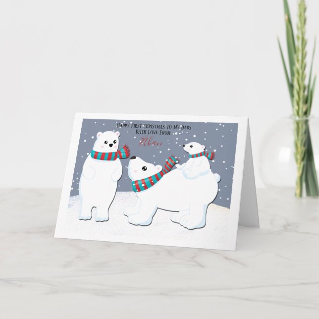 First Christmas Two Dads Gay Polar Bear Family Holiday Card (Front)