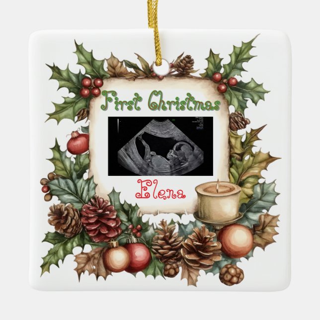First Christmas Ultrasound Photo Keepsake Ornament (Front)