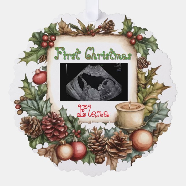 First Christmas Ultrasound Photo Keepsake Ornament (Front)
