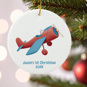 First Christmas Vintage Aeroplane Red Blu Pilot Bo Ceramic Ornament