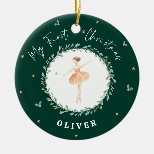 First Christmas watercolor ballerina green Ceramic Ornament (Front)