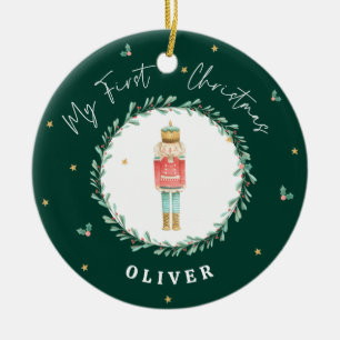 First Christmas watercolor nutcracker green Ceramic Ornament