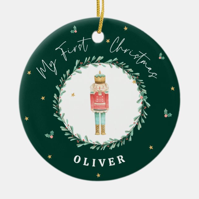 First Christmas watercolor nutcracker green Ceramic Ornament (Front)