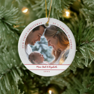 First Christmas White Red First Family Baby Photo Ceramic Ornament