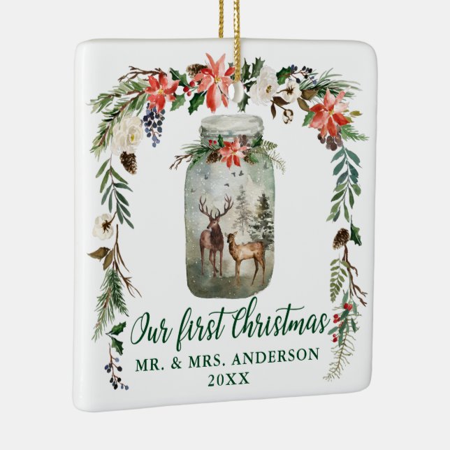 First Christmas Winter Deer Green PHOTO BACK Ceramic Ornament (Right)