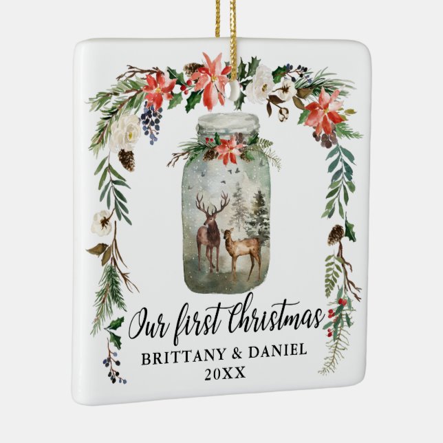 First Christmas Winter Floral Deers PHOTO BACK Ceramic Ornament (Right)