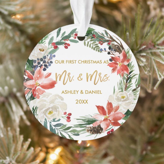 First Christmas Winter Floral Gold Photo Back Ornament (Tree)