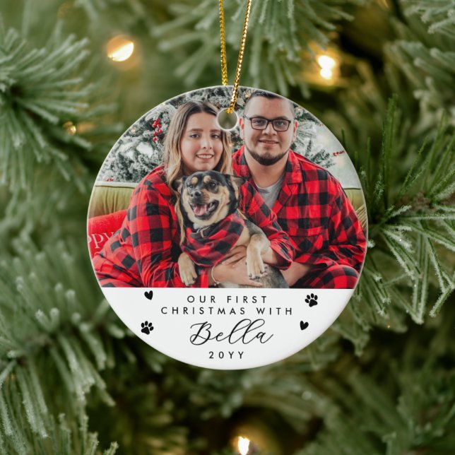 First Christmas with Dog Name and Photo Ceramic Ornament (Tree)