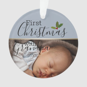 First Christmas with Grandpa Baby Photo Dusty Blue Ornament