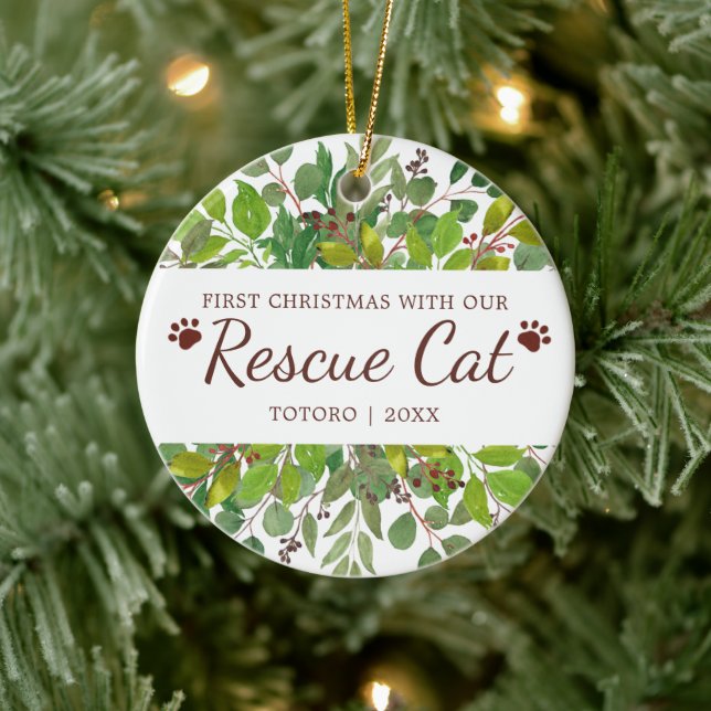 First Christmas With Our Rescue Cat Personalised Ceramic Ornament (Tree)