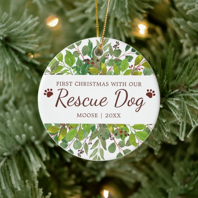 First Christmas With Our Rescue Dog Personalised Ceramic Ornament (Tree)