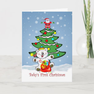 First Christmas with tree, Santa, Teddy Bear card