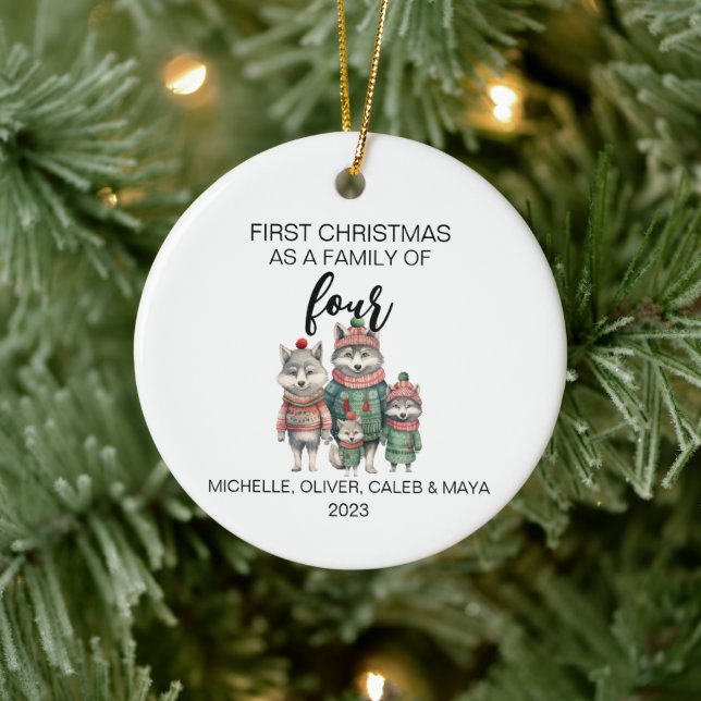 First Christmas Wolf Family of Four Ceramic Ornament (Tree)