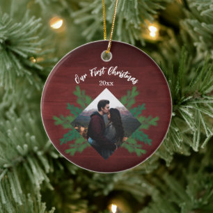 First Christmas Wood Pine Branch Photo Christmas Ceramic Ornament