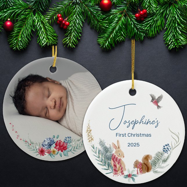 First Christmas Woodland Animal Baby Photo  Ceramic Ornament (Creator Uploaded)