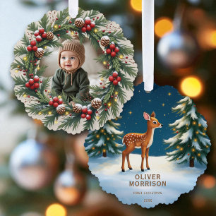 First Christmas Woodland Baby Deer Personalised Tree Decoration Card