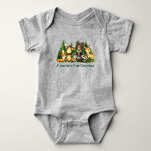 First Christmas Woodland Forest Animals Gray Baby Bodysuit