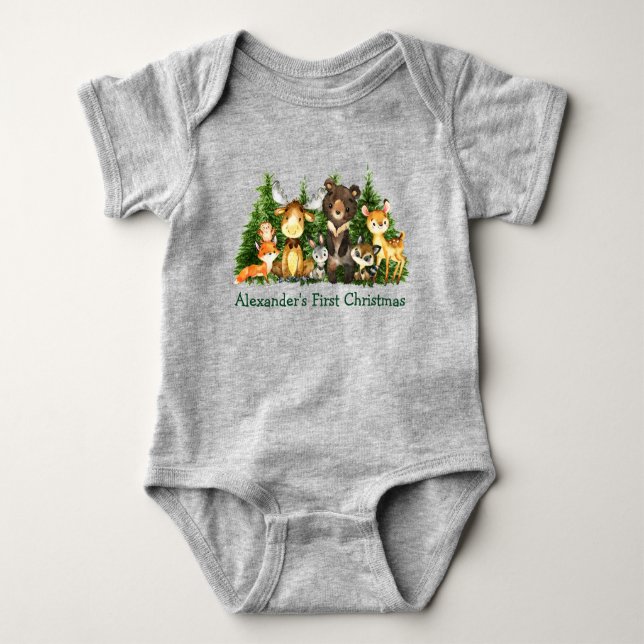 First Christmas Woodland Forest Animals Grey Baby Bodysuit (Front)