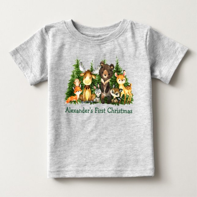 First Christmas Woodland Forest Animals Grey Baby T-Shirt (Front)