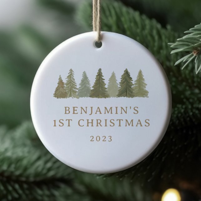 First Christmas Woodland Pine Trees Baby Stats Ceramic Ornament (Creator Uploaded)